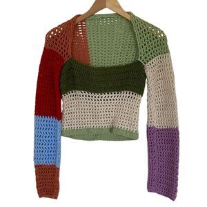 Small Hallow Out Crochet‎ Knit Crop Sweater Color Block Y2k